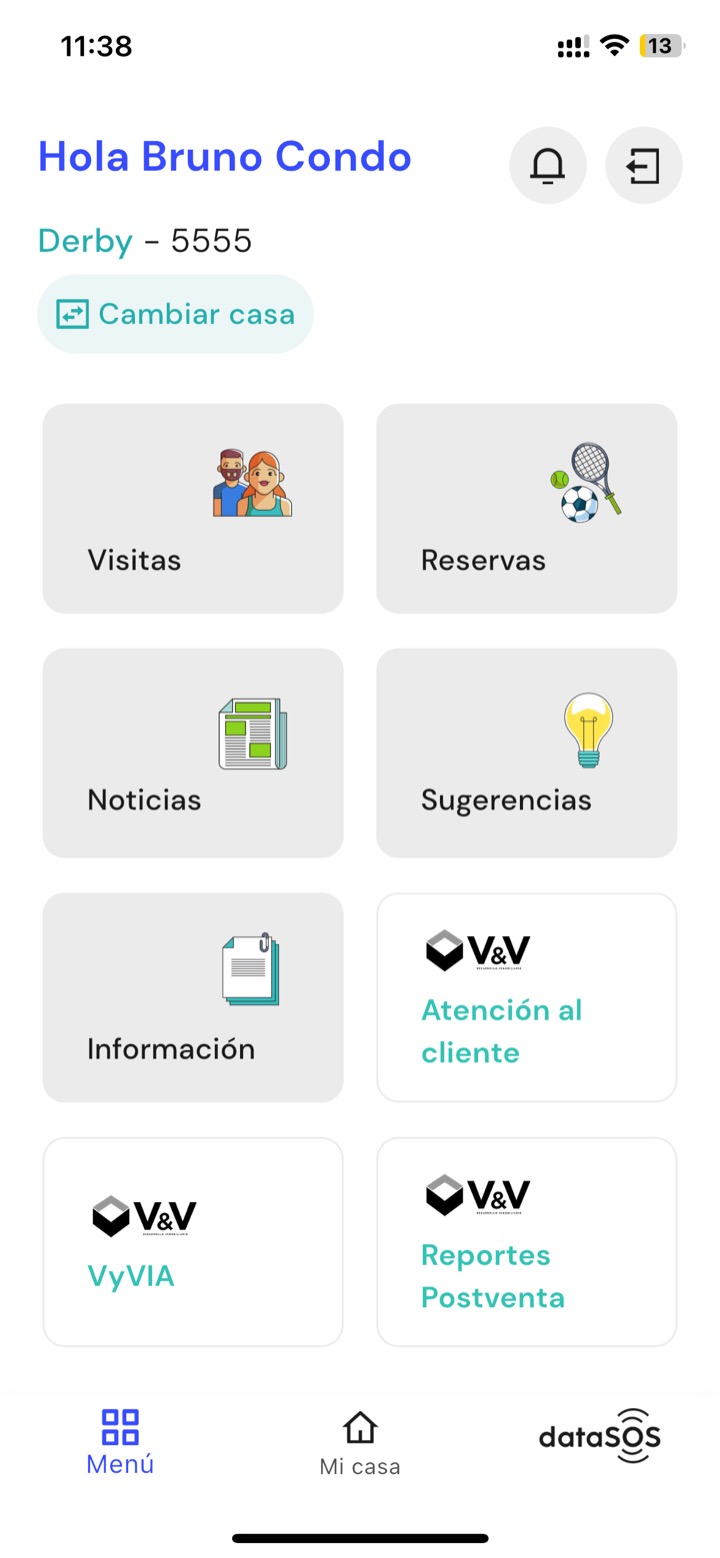 App del propietario: pantalla de inicio con los módulos de Visitas, Reservas, Noticias, Sugerencias, Información y la integración V&V (Atención al cliente, Reportes Postventa).